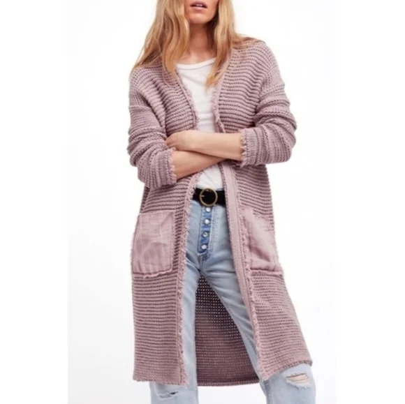 Free People Woodstock Duster Cardi Longline Cardigan Sz L Mauve Cotton Boho - Picture 10 of 10